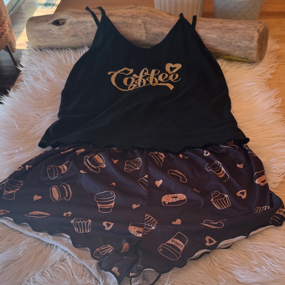 Black and Gold Coffee Print Pajama Set